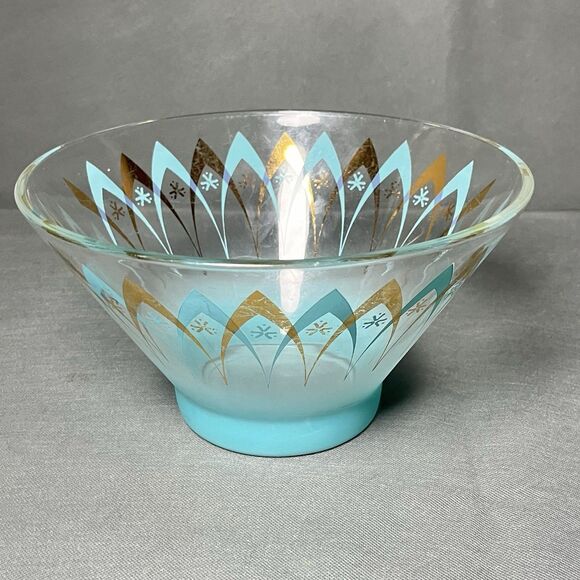 Vintage Anchor Hocking Blendo Happy Hour Atomic Chip Serving Bowl Aqua Gold - Picture 8 of 9